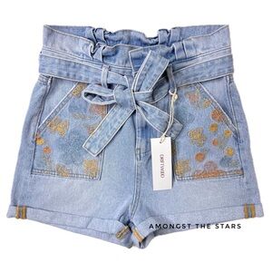 Driftwood Floral Embroidered Paperbag Blue High Waisted Denim Shorts